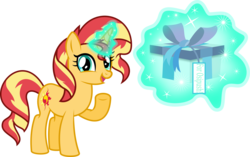 Size: 4829x3032 | Tagged: safe, artist:8-notes, sunset shimmer, pony, unicorn, g4, female, happy birthday, holding a present, magic, open mouth, ponyscape, present, raised hoof, simple background, solo, transparent background, vector