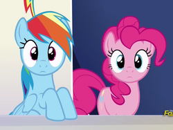 Size: 608x456 | Tagged: safe, screencap, pinkie pie, rainbow dash, earth pony, pegasus, pony, 28 pranks later, g4, season 6, cropped, cute, dashabetes, diapinkes, discovery family, discovery family logo, duo, duo female, female, logo, looking at you, mare, reaction image, staring into your soul