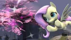 Size: 3840x2160 | Tagged: safe, artist:adamirvine, fluttershy, g4, 3d, cherry blossoms, female, fence, flying, high res, solo, source filmmaker