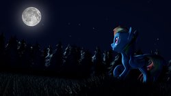 Size: 1191x670 | Tagged: safe, artist:hexedecimal, rainbow dash, g4, 3d, dark, female, grass, moon, night, solo, source filmmaker, tree