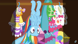 Size: 2208x1242 | Tagged: safe, screencap, gummy, rainbow dash, pegasus, pony, 28 pranks later, g4, behaving like a bat, closet, clothes, covering, cute, dashabetes, female, frown, mare, shadow, upside down, wat, wide eyes, wing hands