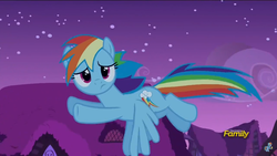 Size: 2208x1242 | Tagged: safe, screencap, rainbow dash, pegasus, pony, 28 pranks later, g4, confused, cute, dashabetes, discovery family logo, female, flying, fourth wall, looking at you, mare, night, solo