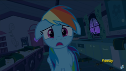 Size: 2208x1242 | Tagged: safe, screencap, rainbow dash, pegasus, pony, 28 pranks later, g4, season 6, cute, dark, dashabetes, ears back, female, looking at you, mare, open mouth, scared, scared shitless, scaredy dash