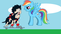 Size: 820x461 | Tagged: safe, rainbow dash, g4, beano, best friends, crack shipping, crossover, crossover shipping, dennis menace, dennis the menace and gnasher, gnasher, interspecies, shipping