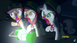 Size: 2208x1242 | Tagged: safe, screencap, apple bloom, scootaloo, sweetie belle, 28 pranks later, g4, barn, cookie zombie, cutie mark, cutie mark crusaders, dark, derp, discovery family logo, faic, lantern, rainbow, rainbow muzzle, scary, the cmc's cutie marks