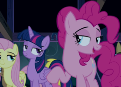 Size: 1021x730 | Tagged: safe, screencap, fluttershy, pinkie pie, twilight sparkle, alicorn, pony, 28 pranks later, g4, my little pony: friendship is magic, twilight sparkle (alicorn)