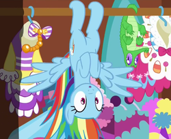 Size: 580x474 | Tagged: safe, screencap, gummy, rainbow dash, pegasus, pony, 28 pranks later, g4, :o, behaving like a bat, boo, clothes, cute, dashabetes, dress, female, gala dress, mare, open mouth, party cannon, shrunken pupils, spread wings, upside down, wat, wide eyes