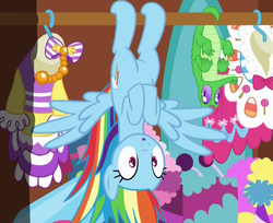 Size: 580x474 | Tagged: safe, screencap, gummy, rainbow dash, pegasus, pony, 28 pranks later, g4, my little pony: friendship is magic, :o, behaving like a bat, boo, clothes, cute, dashabetes, dress, female, gala dress, mare, open mouth, party cannon, shrunken pupils, spread wings, upside down, wat, wide eyes