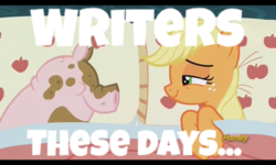 Size: 1280x768 | Tagged: safe, edit, edited screencap, screencap, applejack, pig, 28 pranks later, g4, bed, caption, image macro, lidded eyes, meme