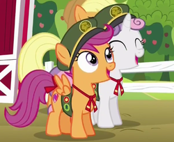 Size: 399x326 | Tagged: safe, screencap, applejack, scootaloo, sweetie belle, earth pony, pegasus, pony, unicorn, 28 pranks later, g4, applejack's hat, clothes, cowboy hat, cute, cutie mark, eyes closed, female, filly, filly guides, foal, happy, hat, mare, open mouth, the cmc's cutie marks