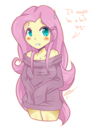 Size: 1024x1365 | Tagged: safe, artist:yupinapegasus, fluttershy, equestria girls, g4, blushing, clothes, female, simple background, solo, sweater, sweatershy, watermark