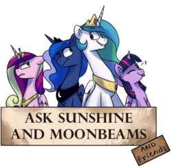 Size: 830x815 | Tagged: safe, artist:anticular, princess cadance, princess celestia, princess luna, twilight sparkle, alicorn, pony, ask sunshine and moonbeams, g4, :p, alicorn tetrarchy, banner, grin, one eye closed, simple background, smiling, tongue out, transparent background, twilight sparkle (alicorn), wink