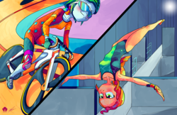 Size: 1920x1242 | Tagged: safe, artist:halem1991, rainbow dash, sunset shimmer, equestria girls, g4, bicycle, clothes, diving, olympics, one-piece swimsuit, swimsuit
