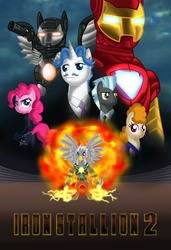 Size: 1024x1498 | Tagged: safe, artist:voltictail, fancypants, pinkie pie, thunderlane, whiplash, oc, oc:lucy packard, earth pony, griffon, pegasus, pony, unicorn, g4, black widow (marvel), iron man, iron man 2, james rhodes, marvel, parody, pepper potts, poster, tony stark, war machine