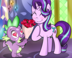 Size: 1110x888 | Tagged: safe, artist:dsana, spike, starlight glimmer, dragon, pony, unicorn, g4, blushing, cute, female, flower, heart eyes, hoof on chest, in love, kiss mark, lipstick, male, mare, ship:sparlight, shipping, smiling, straight, wingding eyes