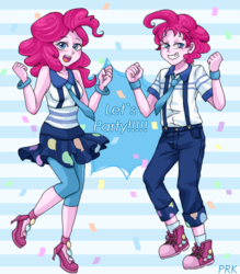 Size: 700x800 | Tagged: safe, artist:prk, pinkie pie, human, equestria girls, g4, my little pony equestria girls: friendship games, bubble berry, confetti, duo, duo male and female, equestria guys, female, high heels, human paradox, male, necktie, pixiv, rule 63, self paradox, shoes, suspenders