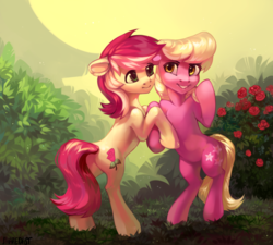 Size: 1024x920 | Tagged: safe, artist:share dast, lily, lily valley, roseluck, earth pony, pony, g4, flower, rearing, rose, standing on two hooves