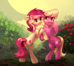 Size: 1024x920 | Tagged: safe, artist:share dast, lily, lily valley, roseluck, earth pony, pony, g4, bipedal, duo, duo female, female, flower, mare, rearing, rose