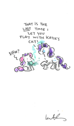 Size: 351x597 | Tagged: safe, artist:katie cook, rarity, sweetie belle, g4, censored vulgarity, grawlixes, mouth soaping, punishment, soap, traditional art, watercolor painting