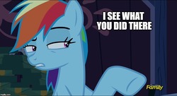 Size: 920x500 | Tagged: safe, screencap, rainbow dash, pony, 28 pranks later, g4, discovery family logo, gotcha, i see what you did there, literal, meme