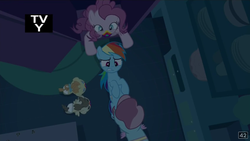 Size: 1600x900 | Tagged: safe, screencap, pinkie pie, pound cake, pumpkin cake, rainbow dash, pony, 28 pranks later, g4, cookie zombie, cupcake, food, not what it looks like, out of context, rainbow muzzle, taste the rainbow, tv rating, tv-y