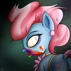Size: 1600x1600 | Tagged: safe, artist:novaspark, cup cake, earth pony, pony, 28 pranks later, butt, cookie zombie, dock, female, grimderp, plot, rainbow muzzle, resident evil, solo