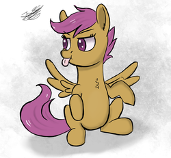 Size: 1300x1200 | Tagged: safe, artist:hypno, scootaloo, g4, chest fluff, female, sitting, solo, tongue out