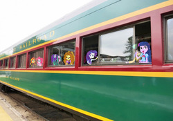 Size: 720x504 | Tagged: safe, adagio dazzle, aria blaze, pinkie pie, princess celestia, principal celestia, sunset shimmer, twilight sparkle, equestria girls, g4, equestria girls in real life, irl, photo, train, twilight sparkle (alicorn)