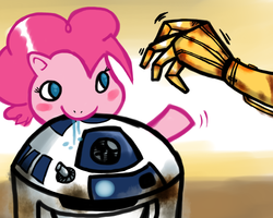 Size: 1280x1024 | Tagged: safe, artist:norg17, pinkie pie, earth pony, pony, g4, blush sticker, blushing, c-3po, c:, cute, dirty, drool, female, mare, nom, r2-d2, smiling, star wars, wat, waving