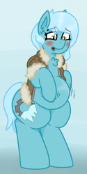 Size: 727x1457 | Tagged: safe, alternate version, artist:coatieyay, oc, oc only, oc:winter gear, pony, belly, belly button, big belly, bipedal, blushing, chest fluff, clothes, fat, freckles, jiggle, parka, scrunchy face, solo