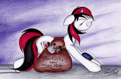 Size: 1024x672 | Tagged: safe, artist:thechrispony, oc, oc only, oc:blackjack, pony, unicorn, fallout equestria, fallout equestria: project horizons, booze, bottle, cutie mark, eyes closed, fanfic, fanfic art, female, floppy ears, hooves, horn, mare, pipbuck, saddle bag, signature, solo, teeth, text, traditional art