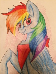 Size: 3264x2448 | Tagged: safe, artist:snowfoxythefox, rainbow dash, pegasus, pony, g4, awesome, bandana, clothes, colored, colored pencil drawing, colored sketch, cute, dashabetes, female, high res, looking at you, mare, pencil, pencil drawing, simple background, sitting, smiling, solo, traditional art