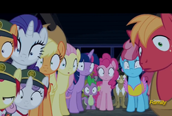 Size: 948x642 | Tagged: safe, screencap, apple bloom, applejack, cup cake, fluttershy, matilda, pinkie pie, rarity, scootaloo, spike, sweetie belle, twilight sparkle, alicorn, pony, 28 pranks later, g4, cutie mark crusaders, filly guides, reaction image, shock, twilight sparkle (alicorn)