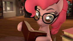 Size: 4096x2304 | Tagged: safe, artist:xppp1n, moondancer, pinkie pie, rainbow dash, g4, 3d, book, bookshelf, glasses, library, reading, solo, source filmmaker