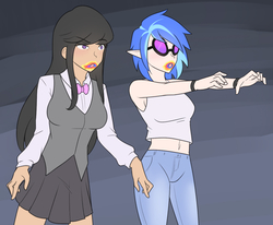 Size: 1280x1053 | Tagged: safe, artist:jonfawkes, dj pon-3, octavia melody, vinyl scratch, human, zombie, 28 pranks later, g4, belly button, breasts, busty octavia melody, busty vinyl scratch, clothes, cookie zombie, duo, elf ears, female, humanized, infected, midriff, open mouth, pants, pleated skirt, rainbow muzzle, skirt, sunglasses