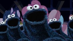 Size: 1024x575 | Tagged: safe, artist:wisdomvision f., edit, edited screencap, screencap, 28 pranks later, g4, cookie, cookie monster, cookie zombie, food, meme, sesame street, wat, we want cookies