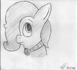 Size: 670x612 | Tagged: safe, artist:xwoofyhoundx, oc, oc only, oc:emerald jewel, colt quest, colt, femboy, foal, hair over one eye, male, monochrome, solo, traditional art