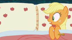 Size: 1920x1080 | Tagged: safe, edit, edited screencap, screencap, applejack, 28 pranks later, g4, applejack's bed partner, bed, discovery family logo, gif, meme, non-animated gif, pillow, surprised, template