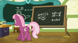 Size: 858x482 | Tagged: safe, screencap, apple bloom, boysenberry, cheerilee, rainbow dash, scootaloo, sweetie belle, earth pony, pegasus, pony, 28 pranks later, g4, season 6, animated, cheerilee is not amused, cutie mark crusaders, female, gif, mare, mouth hold