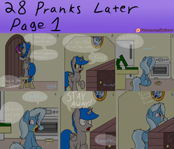 Size: 2100x1800 | Tagged: safe, artist:spritepony, trixie, oc, oc:sprite, alicorn, pony, zombie, 28 pranks later, g4, alicorn oc, cookie zombie, joke cookie, prank, rainbow muzzle, speech, speech bubble, sprite's ponyville house, terrified