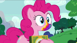 Size: 888x500 | Tagged: safe, screencap, pinkie pie, earth pony, pony, 28 pranks later, g4, season 6, animated, chewing, cookie, eating, female, food, mare, rainbow muzzle, scrunchy face, solo