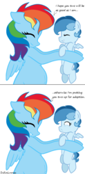 Size: 700x1428 | Tagged: safe, artist:sofialurax, rainbow dash, oc, pegasus, pony, g4, duo, mama dash, offspring, parent:rainbow dash, parent:soarin', parents:soarindash, preggo dash, pregnant, text