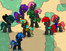 Size: 375x290 | Tagged: safe, oc, oc only, changeling, pony, pony town, blue changeling, cute, dirt, double colored changeling, grass, green changeling, group, group photo, pink changeling, purple changeling, red changeling