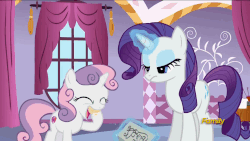 Size: 1280x720 | Tagged: safe, screencap, rarity, sweetie belle, 28 pranks later, g4, cake, cutie mark, discovery family logo, eating, food, gif, non-animated gif, the cmc's cutie marks