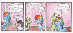 Size: 1466x681 | Tagged: safe, artist:oneovertwo, rainbow dash, earth pony, pegasus, pony, undead, zombie, zombie pony, 28 pranks later, g4, comic, cookie zombie, dialogue, female, mare, no pupils, open mouth, rainbow muzzle, raised hoof, speech bubble, traditional art