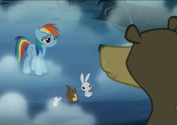 Size: 1757x1242 | Tagged: safe, screencap, angel bunny, harry, rainbow dash, bear, pony, squirrel, 28 pranks later, g4, dark, everfree forest, fog, lidded eyes, smiling, smirk