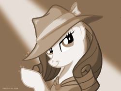 Size: 1024x768 | Tagged: safe, artist:tim-kangaroo, rarity, pony, unicorn, g4, rarity investigates, female, horn, mare, monochrome, sepia