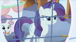 Size: 858x482 | Tagged: safe, screencap, rarity, sweetie belle, pony, 28 pranks later, g4, animated, aweeg*, cake, cute, cutie mark, diasweetes, eating, female, food, puffy cheeks, the cmc's cutie marks, uncouth