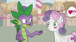 Size: 1024x576 | Tagged: safe, artist:lorodtiki, spike, sweetie belle, g4, blushing, crush, cutie mark, exclamation point, female, heart, interrobang, male, question mark, ship:spikebelle, shipping, straight, sweat, talking, the cmc's cutie marks