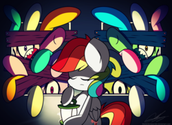 Size: 2200x1600 | Tagged: safe, artist:therandomjoyrider, rainbow dash, zombie, 28 pranks later, g4, backwards cutie mark, board, cookie zombie, eyes closed, hoof hold, infected, lantern, light, open mouth, reaching, sharp teeth, signature